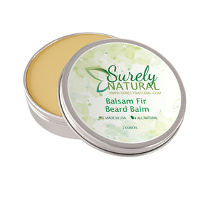 A tin of all-natural beard balm with balsam fir fragrance from Surely Natural