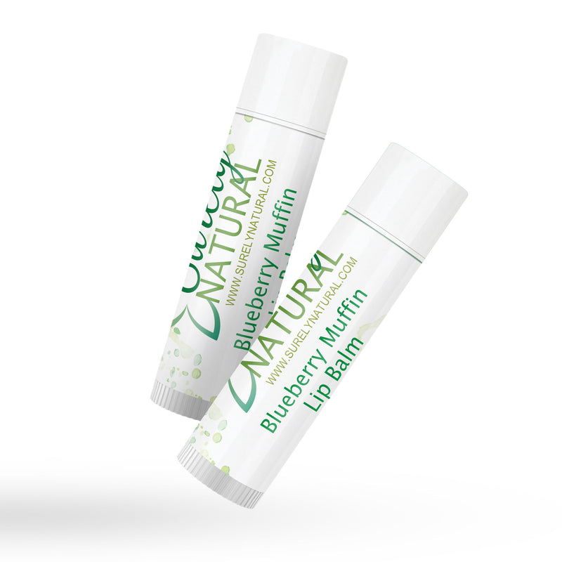 A tube of all-natural lip balm with blueberry muffin flavor from Surely Natural