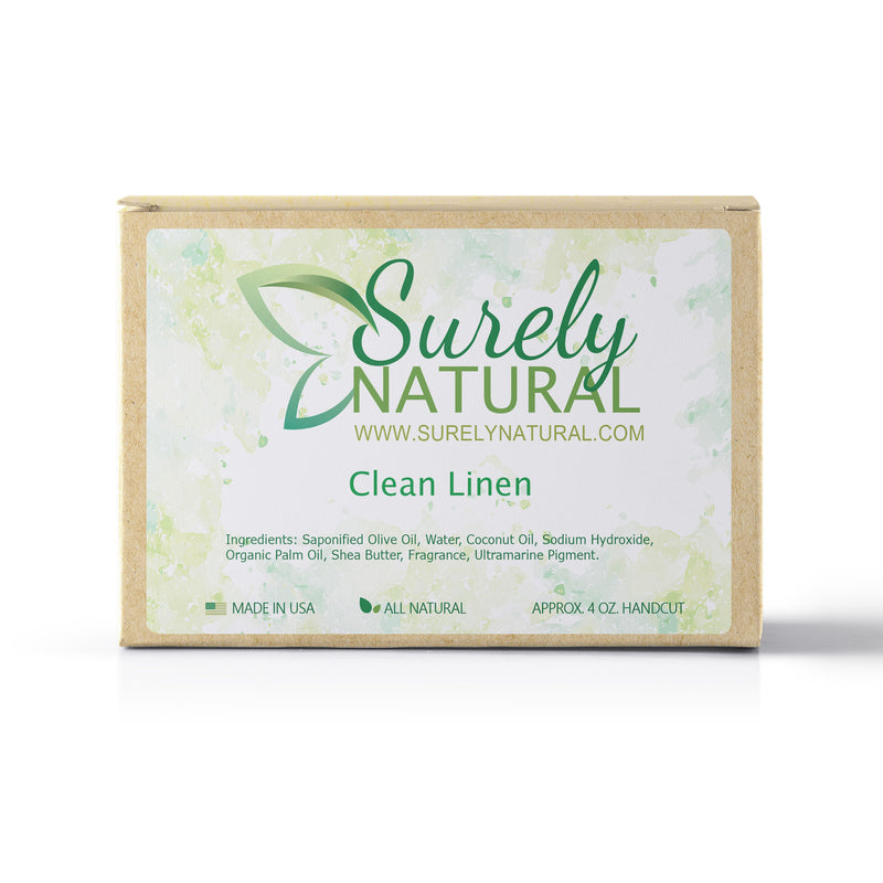 A packaged bar of clean linen scented artisan soap, handcrafted by Surely Natural