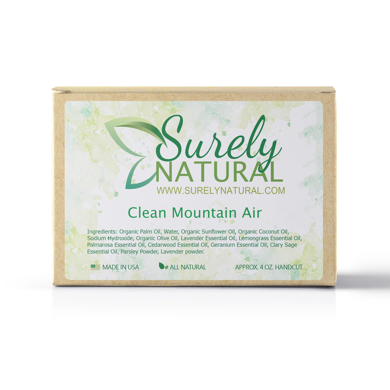 A packaged bar of clean mountain air scented artisan soap, handcrafted by Surely Natural