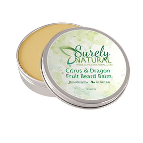 A tin of all-natural beard balm with citrus and dragon fruit fragrance from Surely Natural