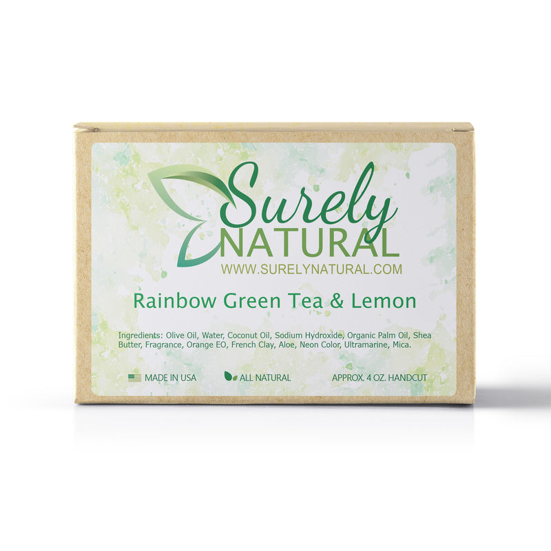 A packaged bar of green tea and lemon scented artisan soap, handcrafted by Surely Natural
