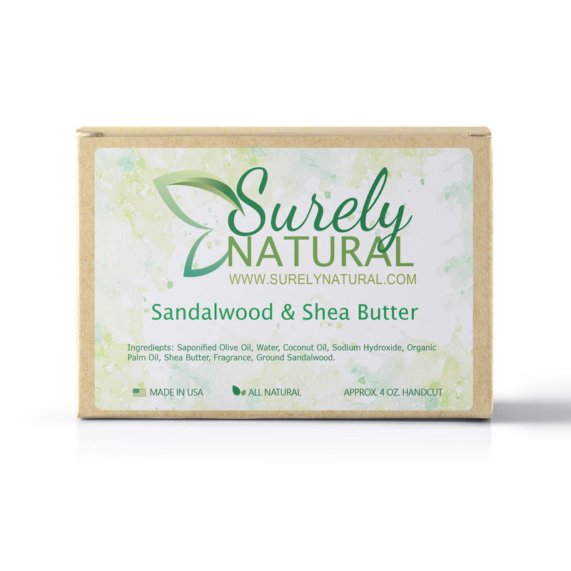A packaged bar of sandalwood and shea butter scented artisan soap, handcrafted by Surely Natural