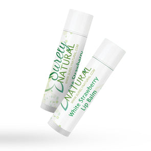 A tube of all-natural lip balm with white strawberry flavor from Surely Natural
